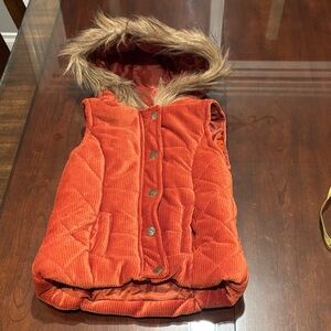 Nicole Miller Orange Corduroy Vest with Faux Fur Hood